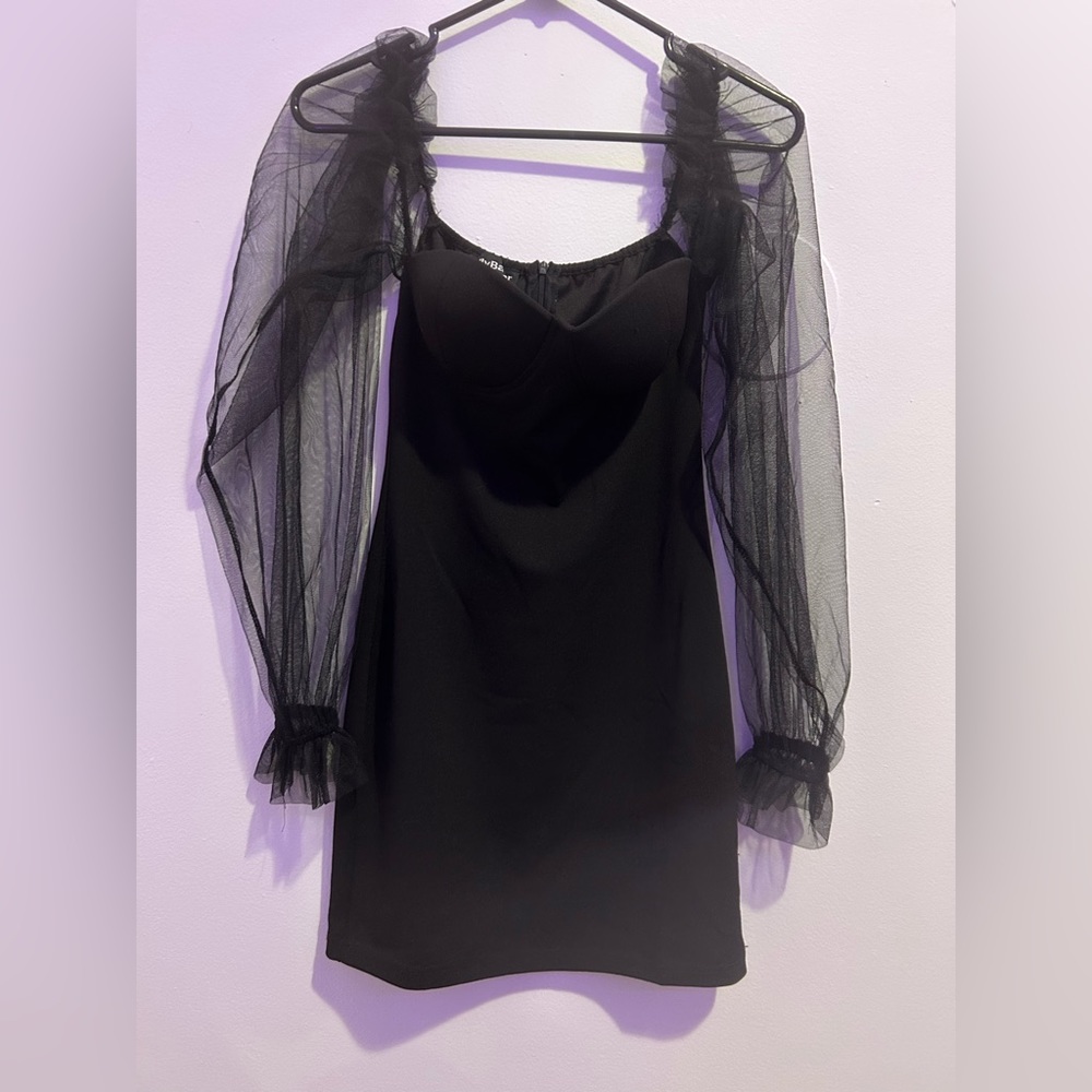 XS Eilly Bazar black mini party dress with sheer puffy sleeves